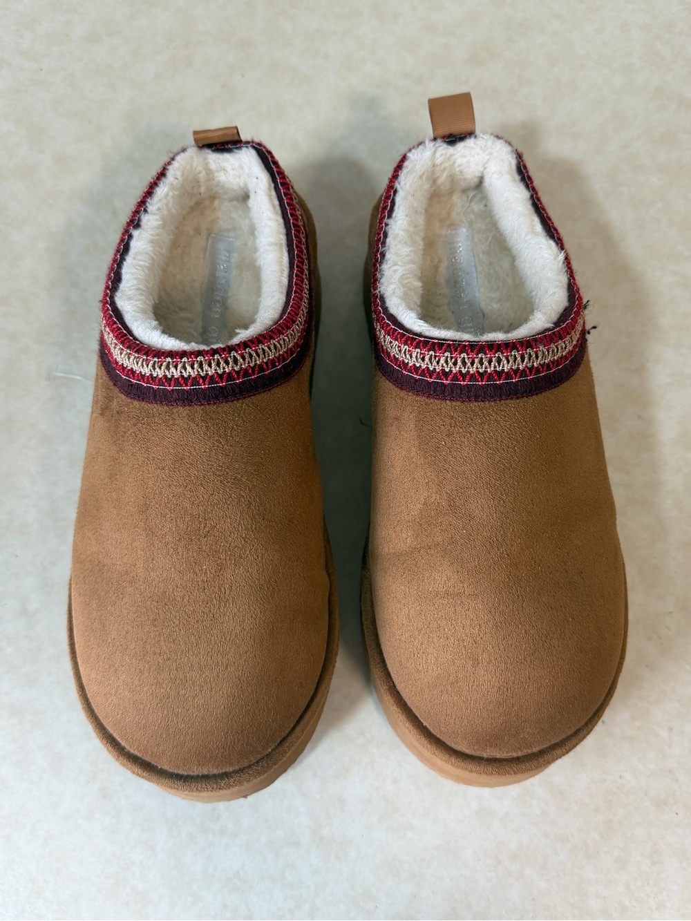 Madden Girl Tan Faux-Suede Slip-On Slippers with White Lining and Red Trim
